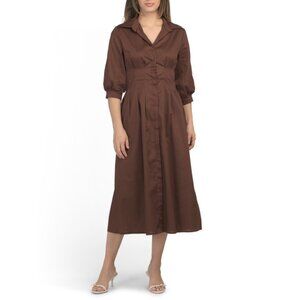 BLUE NAVY Chocolate Made In Italy Three-quarter Sleeve Pleated Waist Maxi Dress